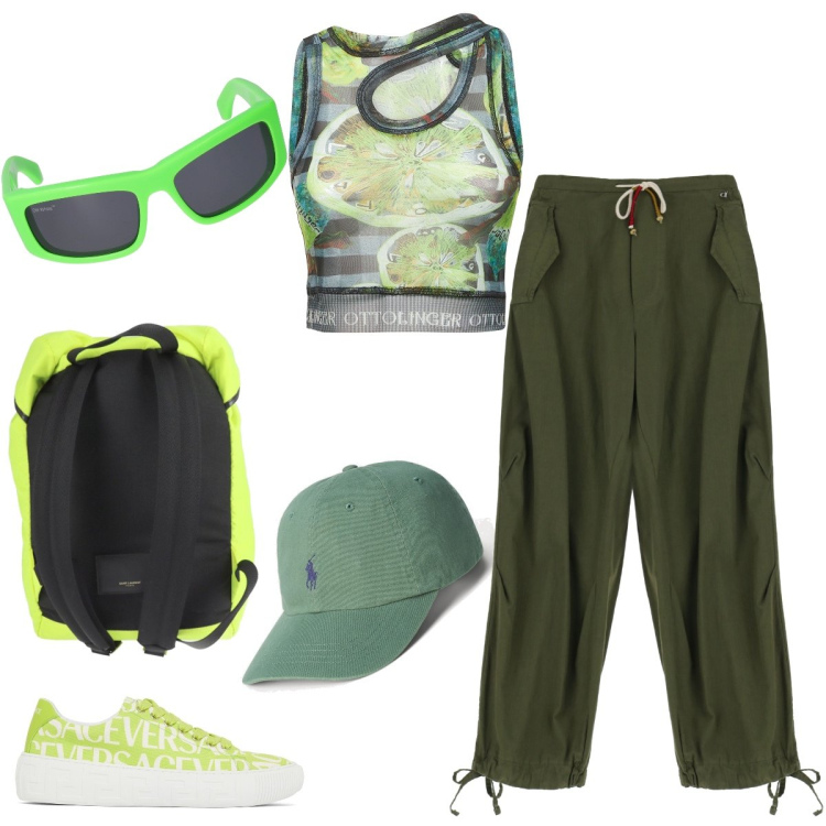 Outfit donna - In città. Stile Urban per Tutti i giorni. Abbinamento con zaini, pantaloni cargo, cappelli, top, occhiali da sole, sneakers.