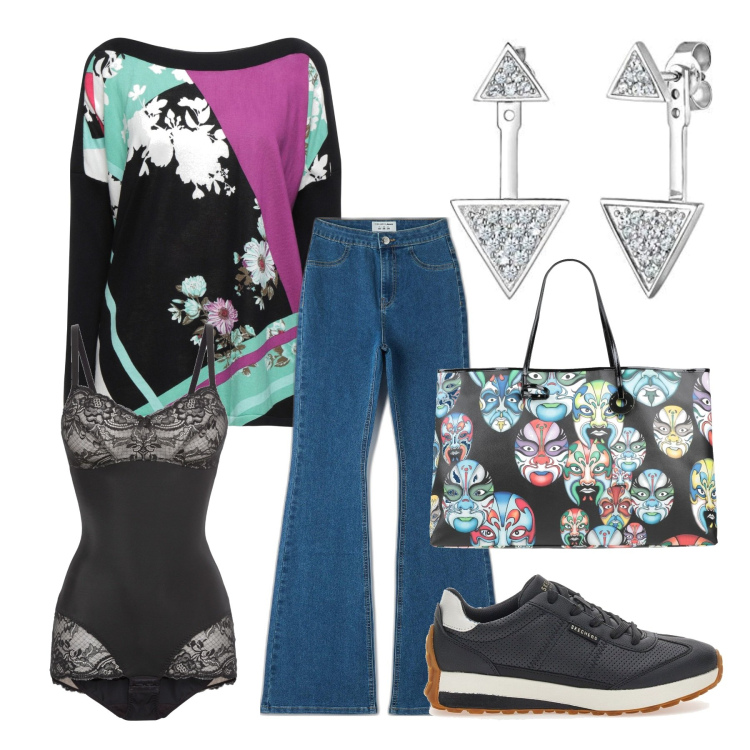 Outfit donna - Total look #1696104. Stile Casual chic per Tutti i giorni. Abbinamento con body, pullovers, borse a spalla, jeggings, sneakers, orecchini.
