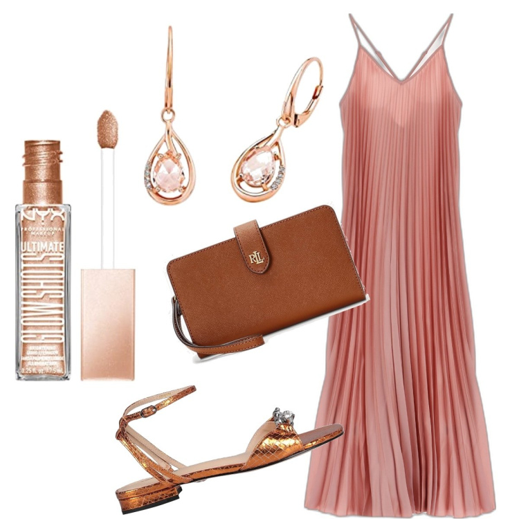 Outfit donna - Abiti plisse’. Stile Glamour per Serata fuori. Abbinamento con sandali in pelle, vestiti lunghi, pochette, orecchini, ombretti.