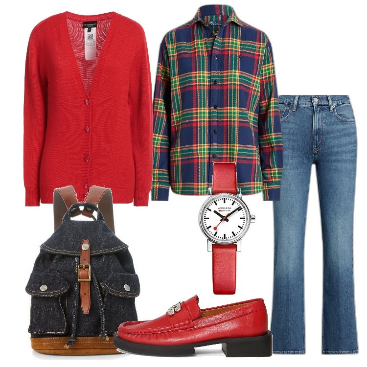 Outfit donna - Preppy a settembre. Stile Preppy per Scuola/Università. Abbinamento con cardigans, zaini, jeans bootcut, camicie, mocassini, orologi.