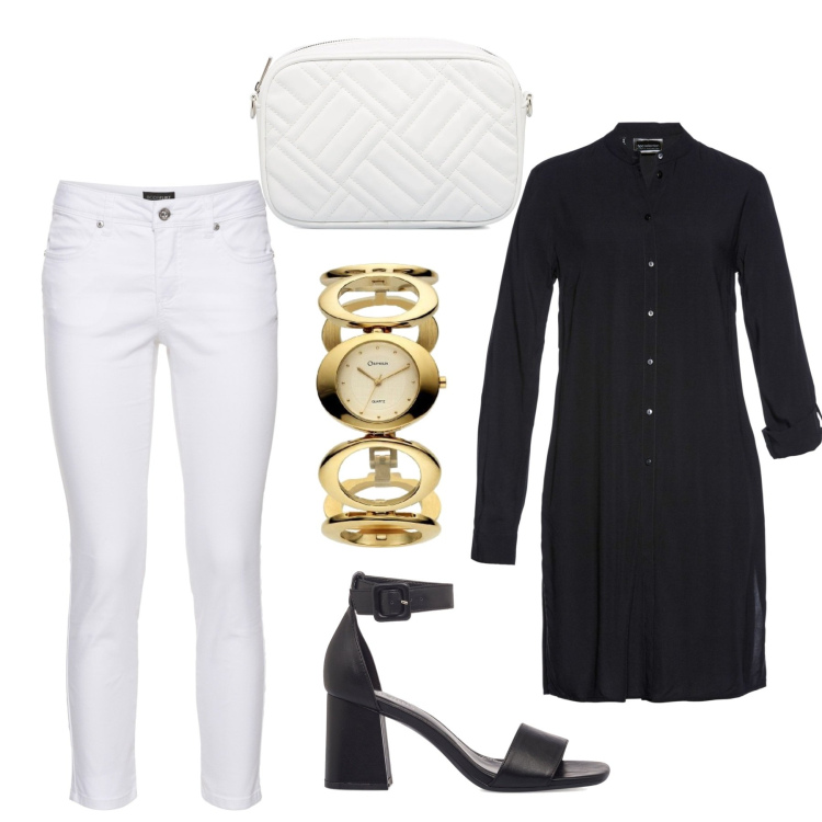 Outfit donna - La camicia lunga. Stile Trendy per Tutti i giorni. Abbinamento con camicie, pantaloni, borse a tracolla, sandali in pelle, orologi.