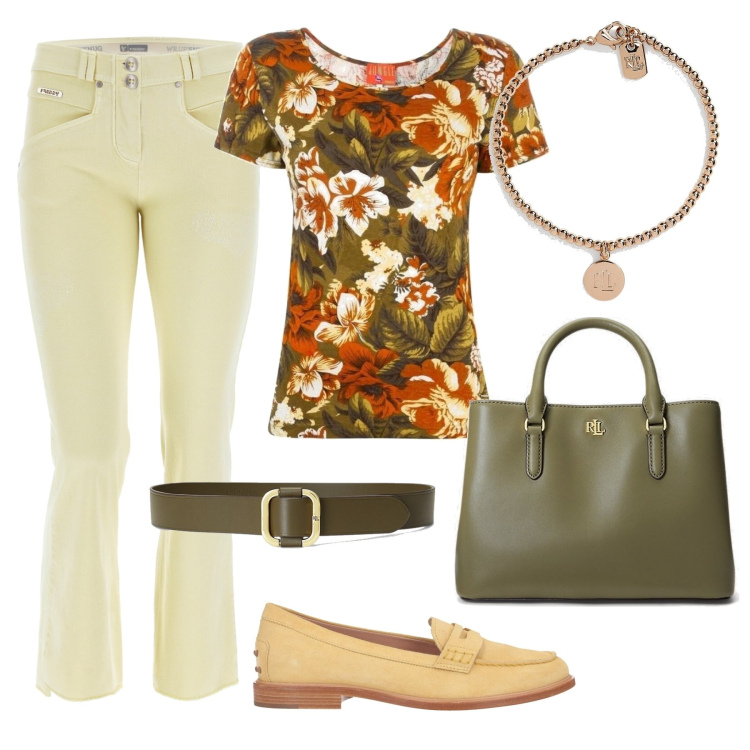 Outfit donna - Total look #1696171. Stile Basic per Tutti i giorni. Abbinamento con t-shirt, mocassini, pantaloni, braccialetti, borse a mano, cinture.