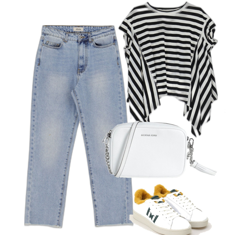Outfit donna - Jeans e t shirt. Stile Casual per Tutti i giorni. Abbinamento con borse a tracolla, sneakers, t-shirt, jeans dritti.