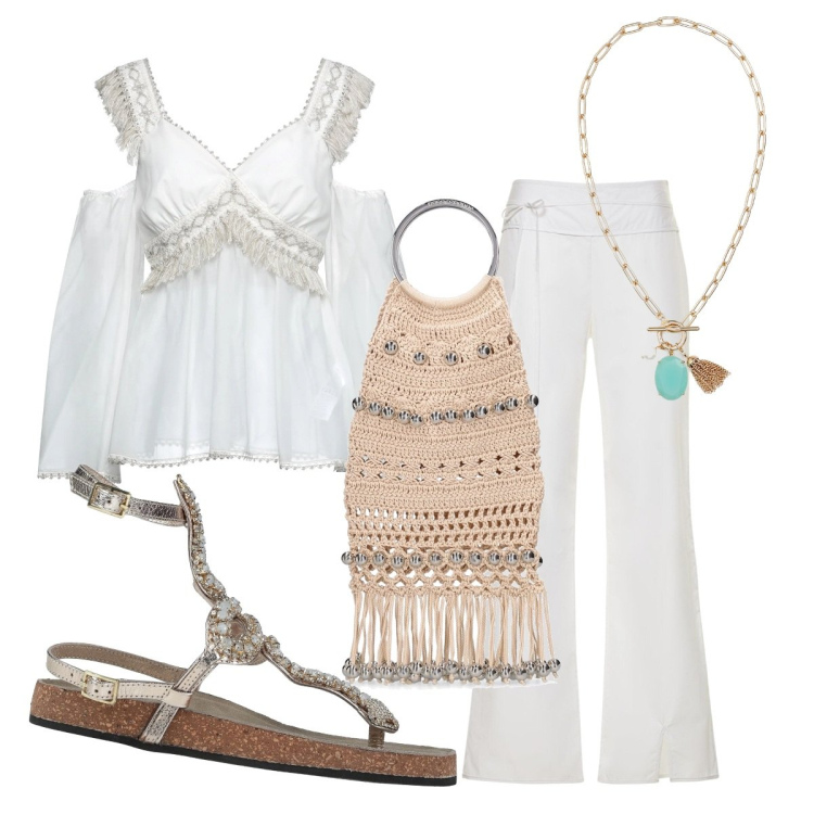 Outfit donna - Prime serate settembrine. Stile Boho per Serata fuori. Abbinamento con infradito, bluse, collane, pantaloni, borse a mano.