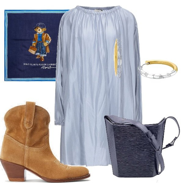 Outfit donna - Settembre in città. Stile Etnico per Tutti i giorni. Abbinamento con vestiti corti, borse a spalla, stivaletti, sciarpe, orecchini.