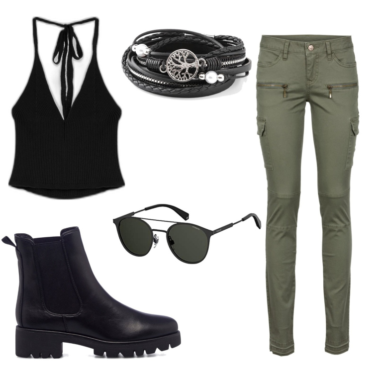 Outfit donna - Military Mood. Stile Military per Tutti i giorni. Abbinamento con pantaloni cargo, braccialetti, top, stivaletti, occhiali da sole.