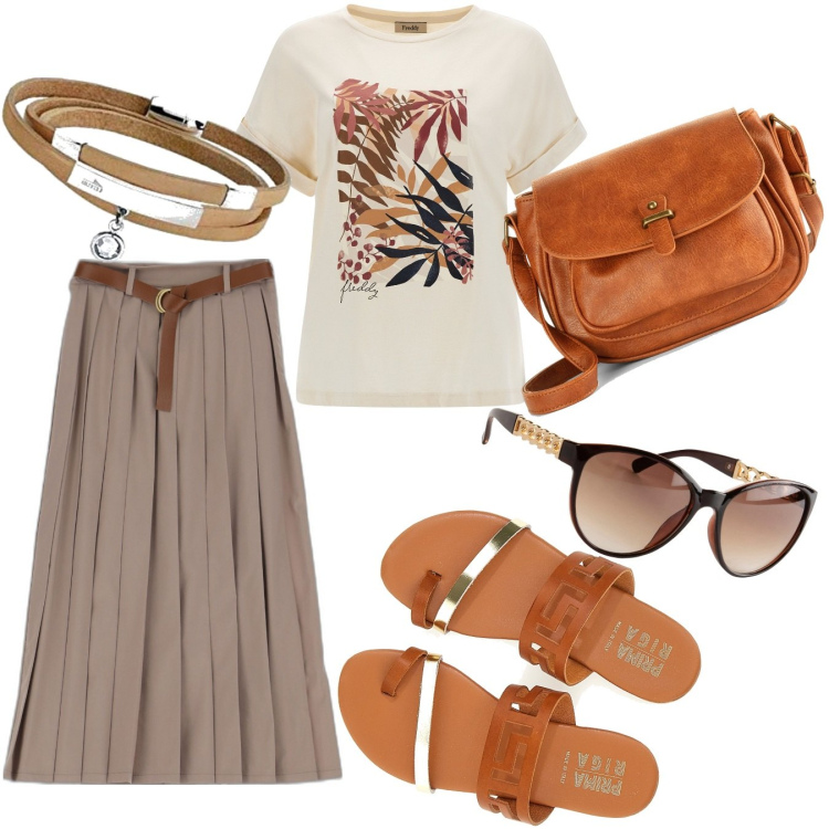 Outfit donna - Vacanze a settembre. Stile Casual per Tutti i giorni. Abbinamento con borse a tracolla, occhiali da sole, t-shirt, gonne longuette, ciabatte, braccialetti.
