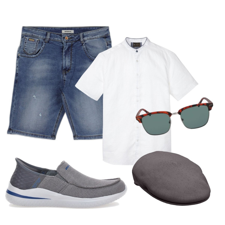 Outfit uomo - Total look #1696402. Stile Casual per Mare. Abbinamento con camicie a manica corta, bermuda, sneakers, occhiali da sole, cappelli con visiera.