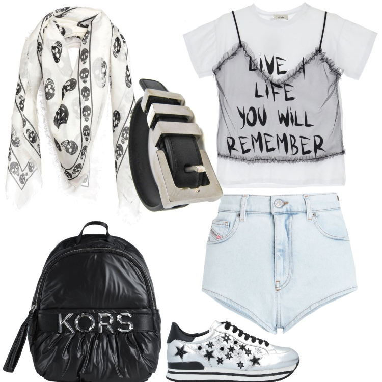 Outfit donna - Total look #1696438. Stile Rock per Serata fuori. Abbinamento con zaini, sneakers, shorts, sciarpe, braccialetti, t-shirt.