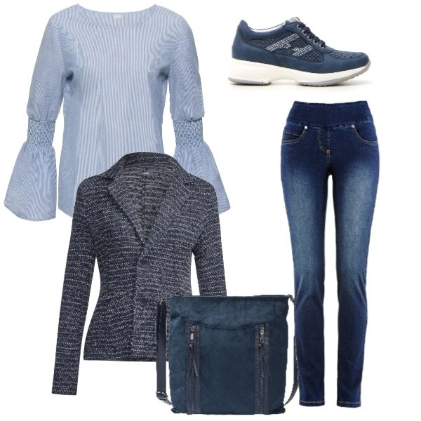 Outfit donna - In blu. Stile Basic per Tutti i giorni. Abbinamento con jeans, parka, borsa a tracolla contrasto con zip blu, giacca blu, scarpe stringate stringate blu.