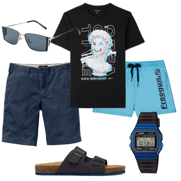 Outfit uomo - Casio un must. Stile Casual per Mare. Abbinamento con bermuda, t-shirt, sandali, costumi, orologio digitale, occhiali da sole.