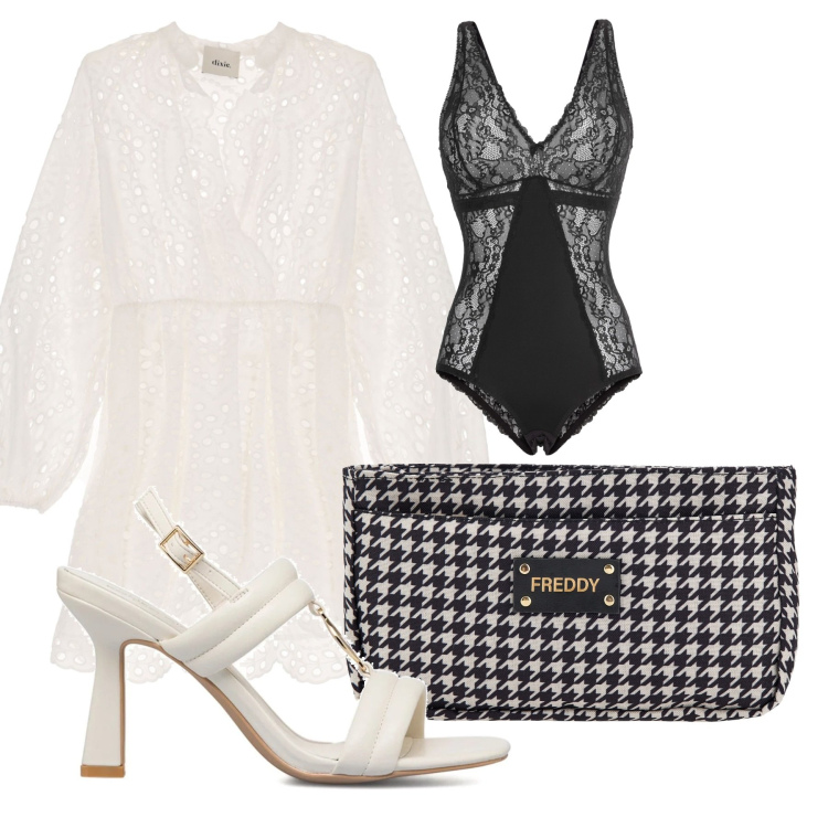 Outfit donna - Nero super trendy. Stile Casual chic per Serata fuori. Abbinamento con body, portafogli, vestiti corti, sandali col tacco.