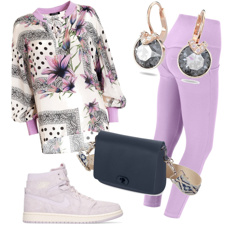 Outfit donna - Al lavoro. Stile Casual per Ufficio. Abbinamento con bluse, pantaloni skinny, sneakers, orecchini, borse a spalla.