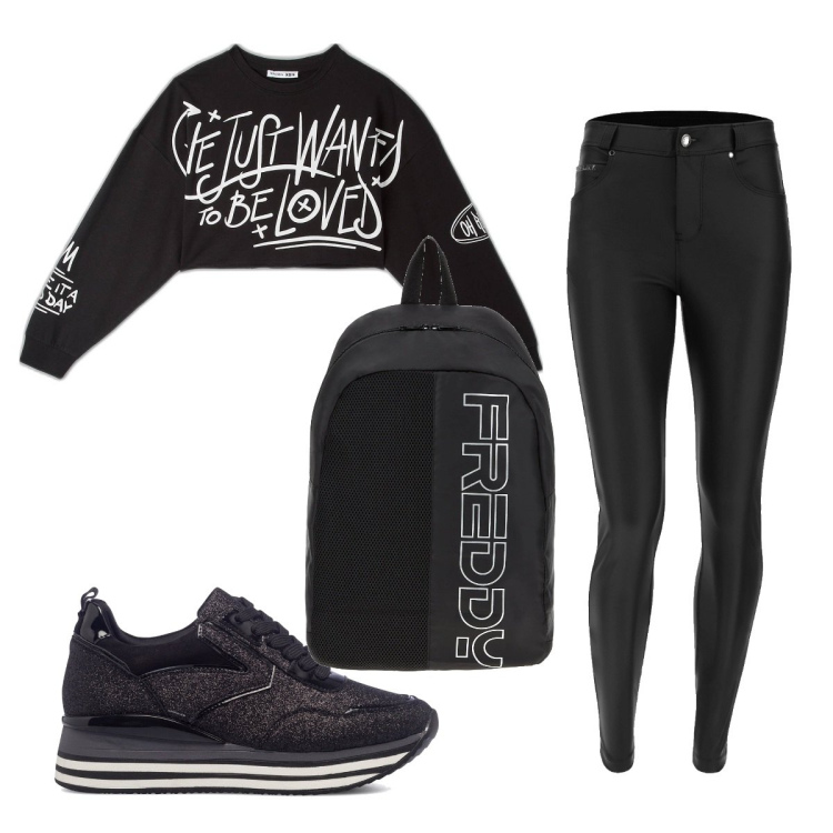 Outfit donna - Total look #1696514. Stile Basic per Sport. Abbinamento con t-shirt, zaini, pantaloni skinny, sneakers alte.