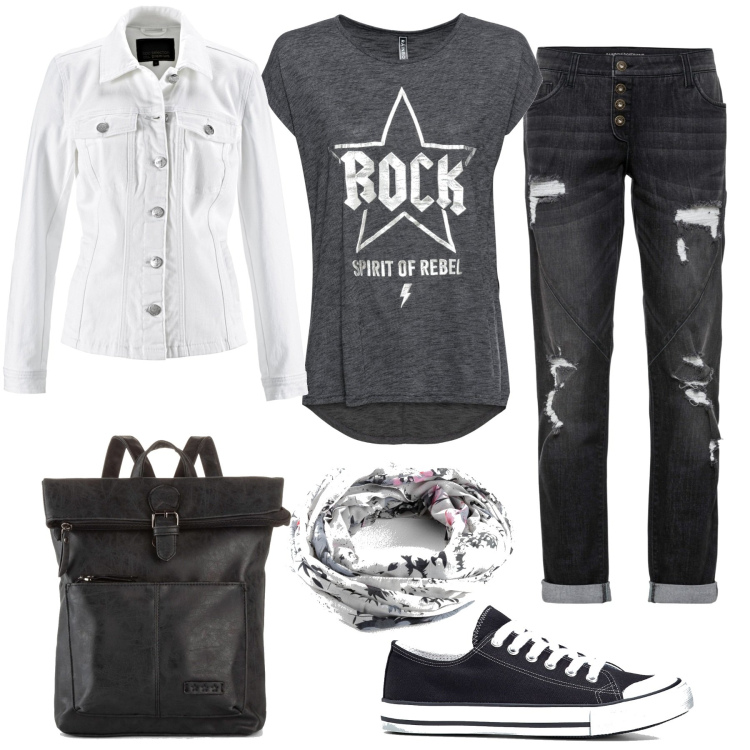 Outfit donna - Settembre rock. Stile Rock per Scuola/Università. Abbinamento con zaini, t-shirt, jeans boyfriend, scarpe sportive, foulard, blazer.