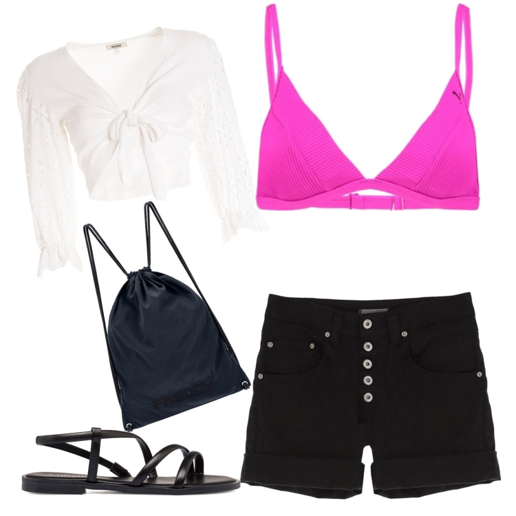 Outfit donna - Evento: concerto in spiaggia!. Stile Basic per Mare. Abbinamento con cardigans, shorts, zaini, sandali, bikini.