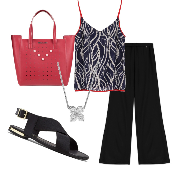 Outfit donna - A spasso in città. Stile Casual per Tutti i giorni. look ideale per Tall. Abbinamento con sandali, borse a mano, pantaloni a palazzo, canottiere, ciondoli.