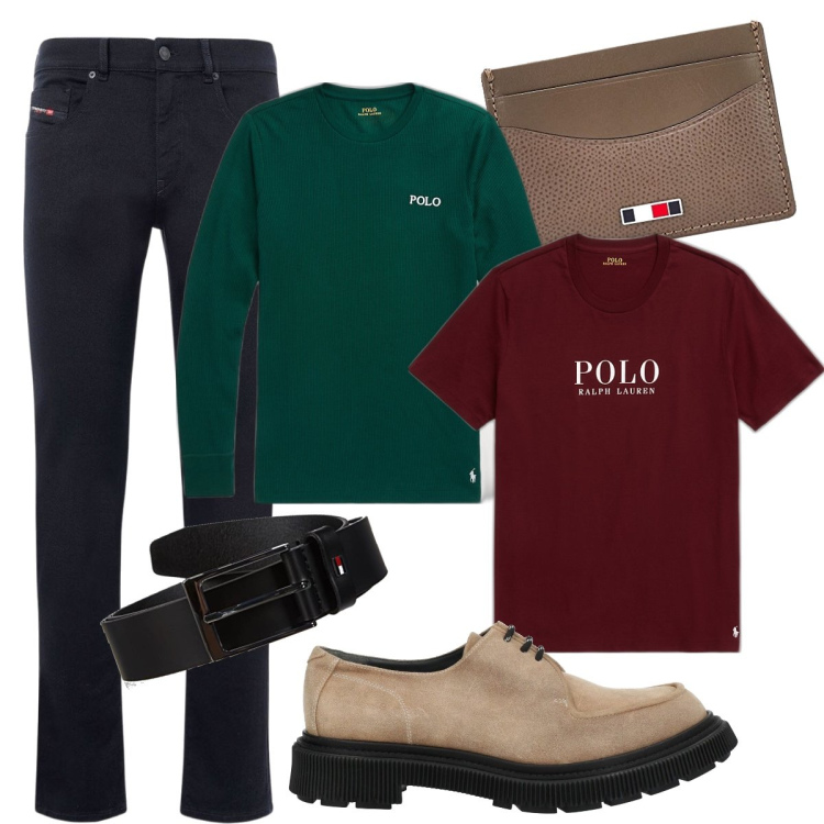 Outfit uomo - Total look #1696553. Stile Casual per Tutti i giorni. Abbinamento con scarpe stringate, t-shirt, maglieria, jeans slim fit, cinture, portafogli.