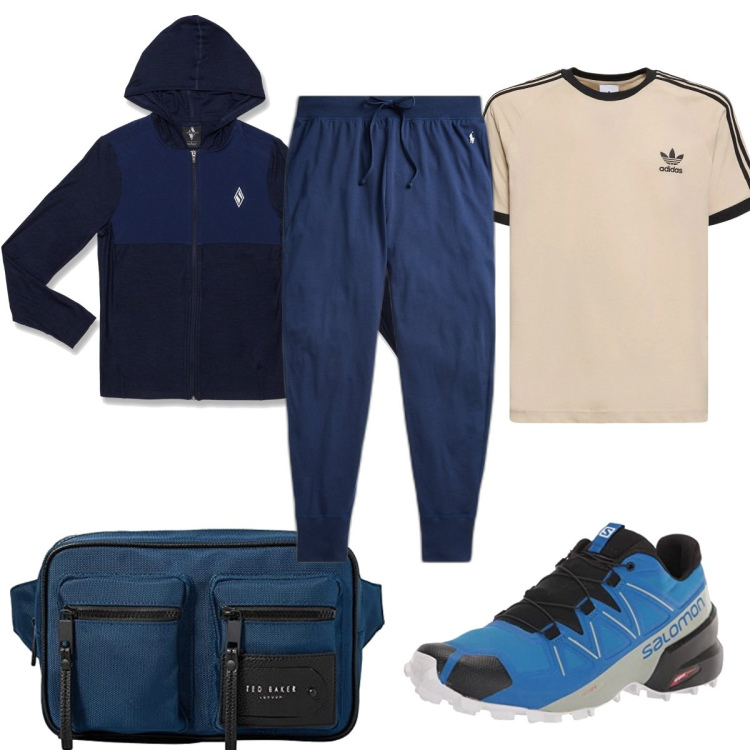 Outfit uomo - Super sportivo in blu. Stile Trendy per Sport. Abbinamento con felpe con cappuccio, pantaloni, t-shirt, borse sportive, scarpe sportive.