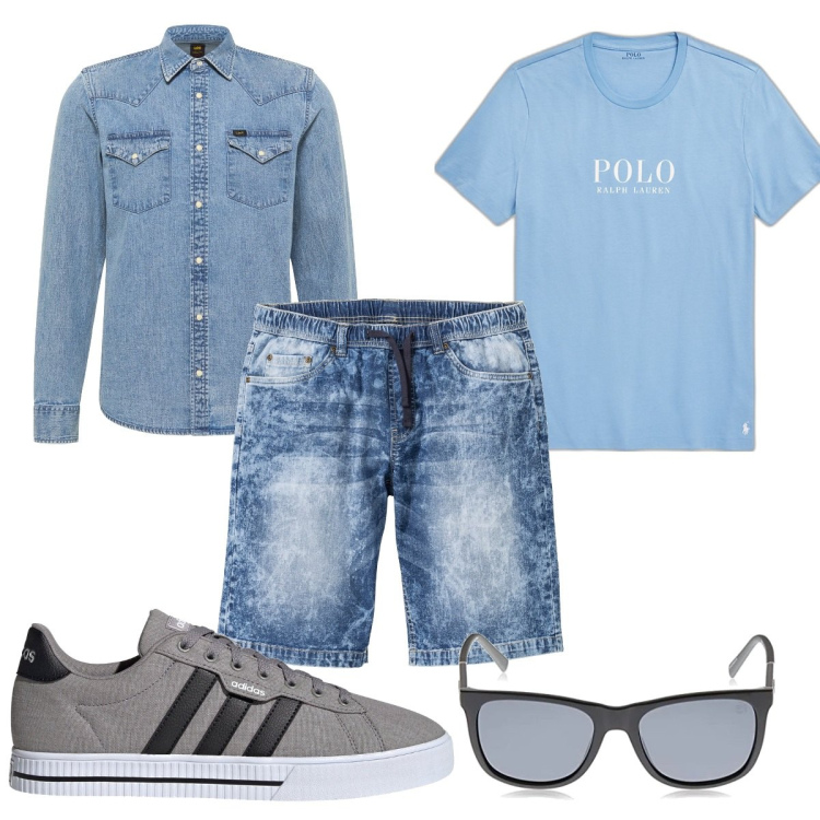 Outfit uomo - Total look #1696598. Stile Casual per Tutti i giorni. Abbinamento con bermuda, t-shirt, sneakers, camicie, occhiali da sole.