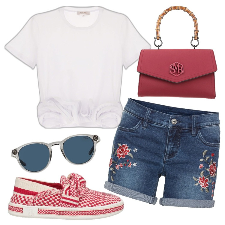 Outfit donna - Shorts romantici. Stile Romantica per Tutti i giorni. Abbinamento con shorts, sneakers, borse a mano, t-shirt, occhiali da sole.