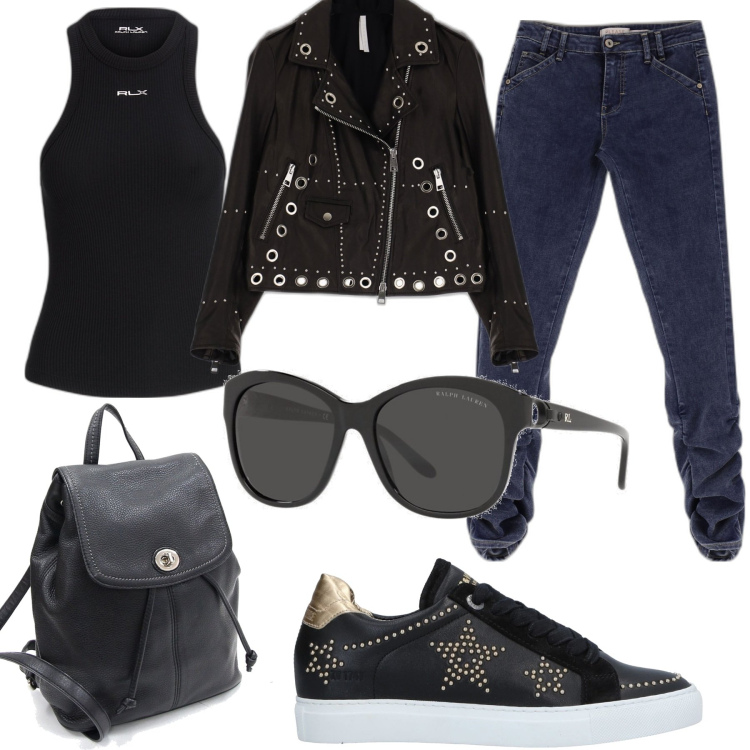 Outfit donna - Gita in moto. Stile Rock per Tutti i giorni. Abbinamento con sneakers, zaini, giacche, jeans slim fit, occhiali da sole, canottiere.