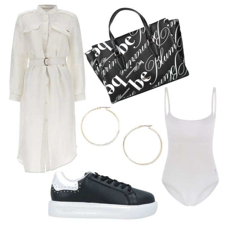 Outfit donna - La sneakers con l\'abito. Stile Casual per Tutti i giorni. Abbinamento con sneakers, borse a mano, body, vestiti chemisier, orecchini.