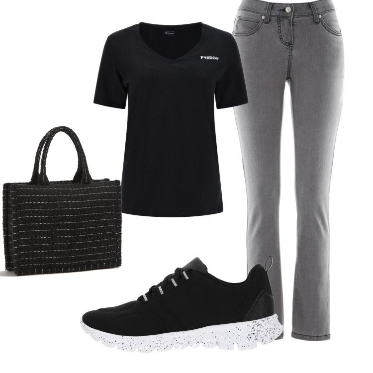 Outfit donna - La sneakers nera. Stile Casual chic per Tutti i giorni. Abbinamento con jeans slim fit, shopping bag, sneakers, t-shirt.