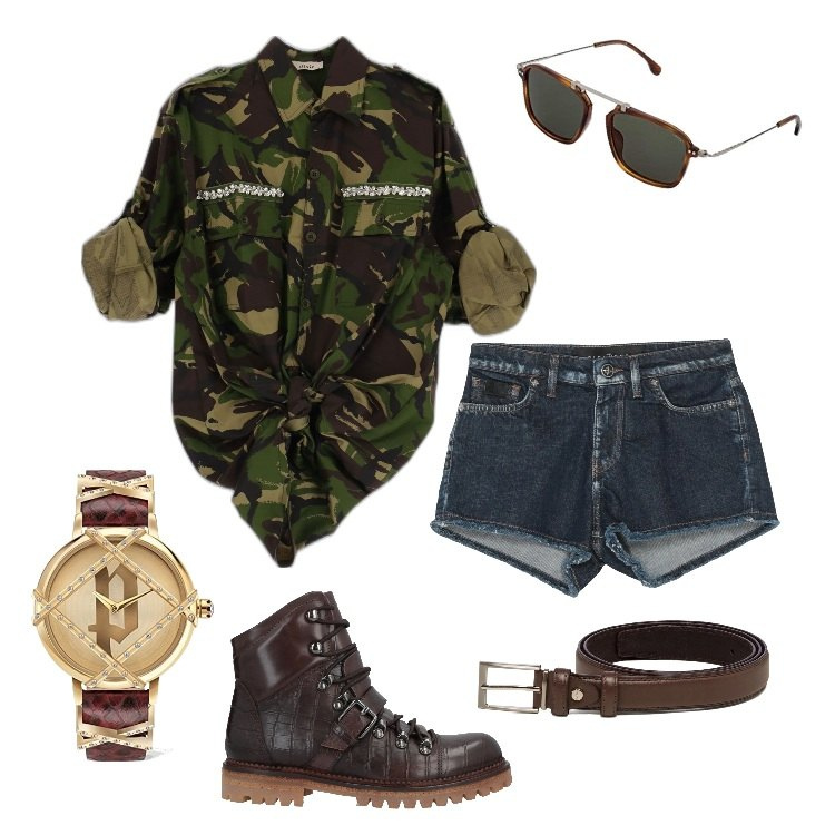 Outfit donna - Total look #1696788. Stile Sporty chic per Tutti i giorni. Abbinamento con anfibi, shorts, camicie, cinture, orologi, occhiali da sole.