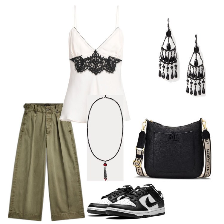 Outfit donna - Sneakers. Stile Casual chic per Tutti i giorni. Abbinamento con sneakers, top, pantaloni, orecchini, ciondoli, borse a tracolla.