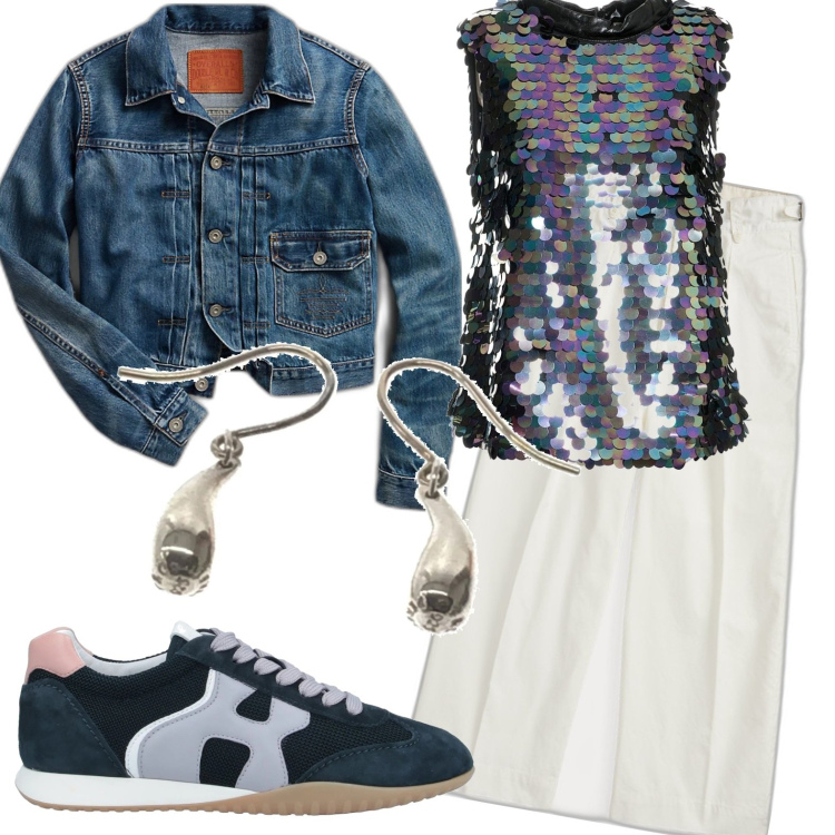 Outfit donna - Total look #1696793. Stile Casual per Tutti i giorni. Abbinamento con orecchini, sneakers, top, pantaloni, cappotti.