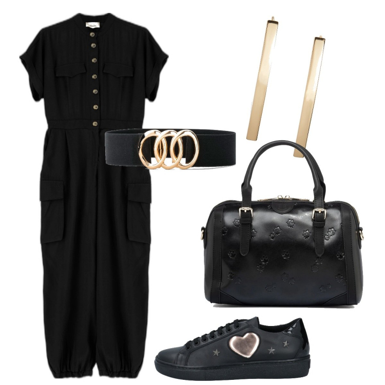 Outfit donna - Black and Gold. Stile Casual per Tutti i giorni. Abbinamento con cinture, sneakers, tute, orecchini, borse a mano.