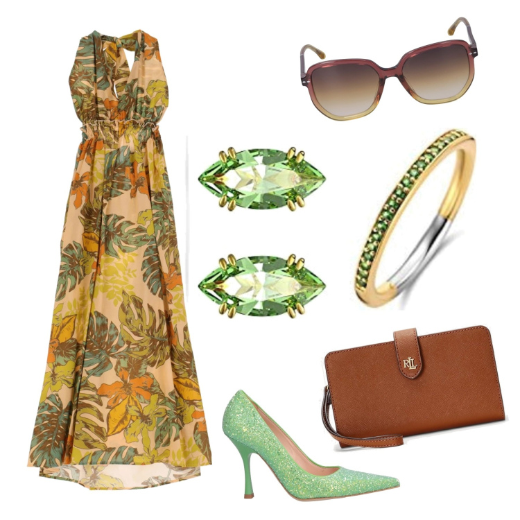 Outfit donna - Jungle e brillante. Stile Vintage retrò per Cerimonia. Abbinamento con décolleté, vestiti lunghi, pochette, anelli, occhiali da sole, orecchini.
