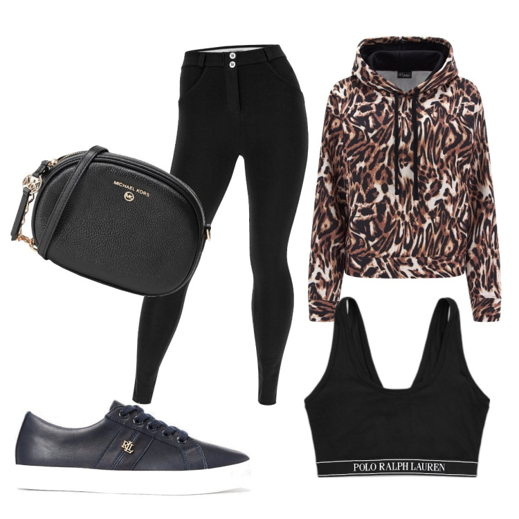 Outfit donna - Sporty chic. Stile Sporty chic per Sport. Abbinamento con borse a tracolla, pantaloni skinny, felpe con cappuccio, scarpe sportive, canottiere.