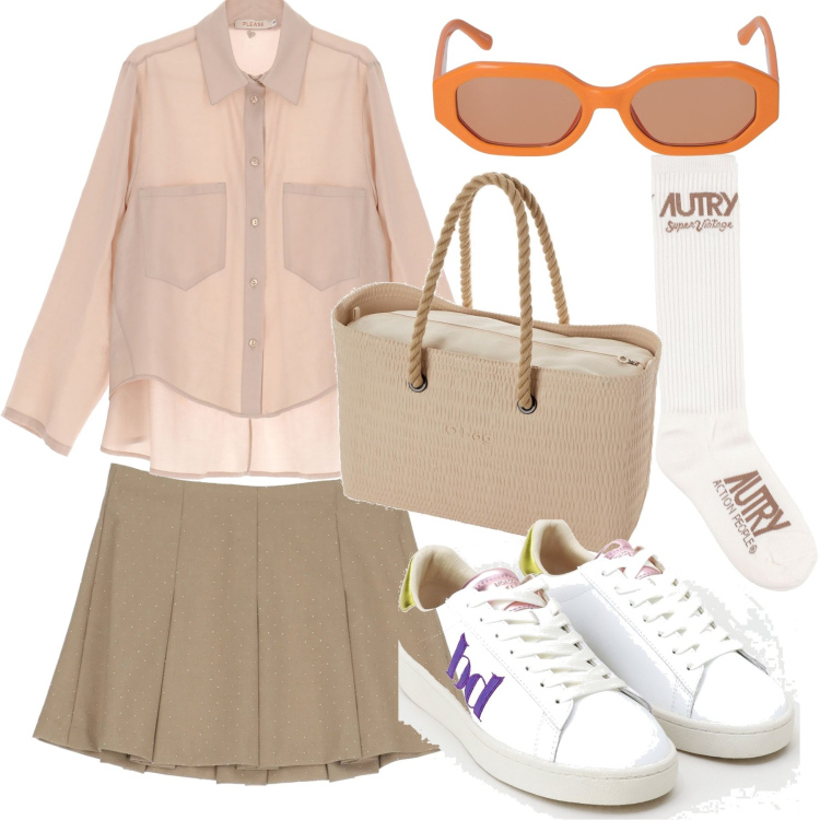 Outfit donna - Preppy. Stile Preppy per Tutti i giorni. Abbinamento con camicie, sneakers, minigonne, occhiali da sole, borse a spalla, calzini.