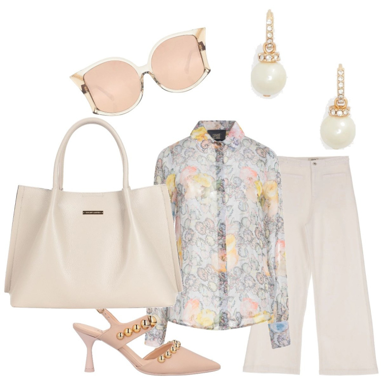 Outfit donna - Bon ton a colazione. Stile Bon Ton per Tutti i giorni. Abbinamento con décolleté, borse a mano, camicie, occhiali da sole, pantaloni capri, orecchini.