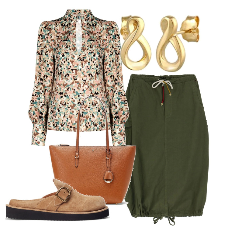 Outfit donna - Shopping in centro. Stile Bon Ton per Tutti i giorni. Abbinamento con bluse, borse tote, sabot, gonne longuette, orecchini.