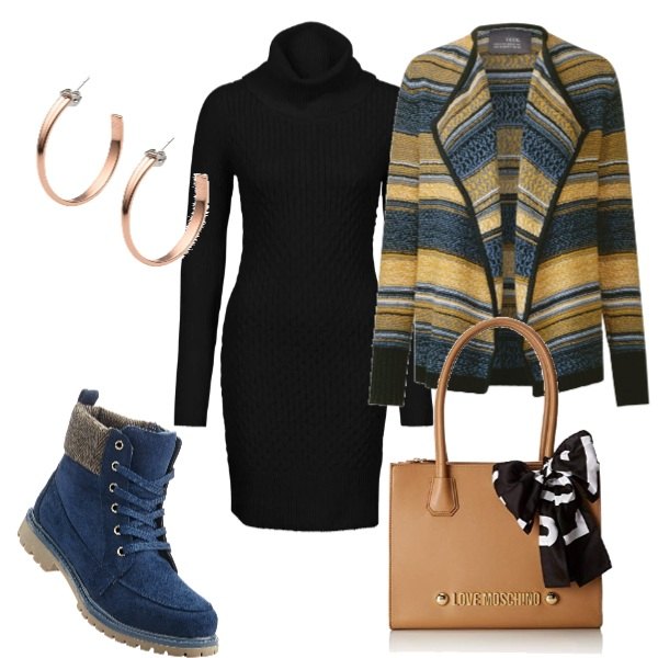Outfit donna - Trendy #21519. Stile Trendy per Tutti i giorni. Abbinamento con vestiti, stivaletti, orecchini con farfallina, cardigan multicolore e oro, borsa tote marrone e cammello.