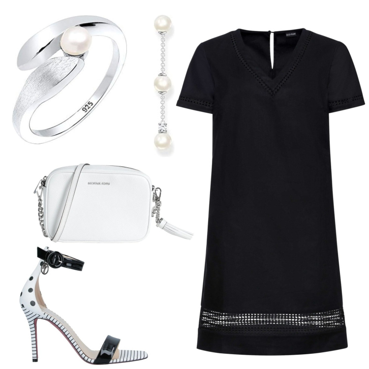 Outfit donna - Total look #1697033. Stile Bon Ton per Serata fuori. Abbinamento con vestiti, borse a tracolla, sandali in pelle, orecchini, anelli.