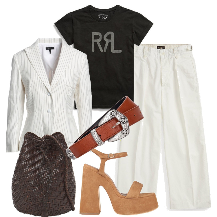Outfit donna - Bianco di settembre. Stile Casual chic per Tutti i giorni. Abbinamento con blazer, sandali in pelle, pantaloni, t-shirt, borse a secchiello, cinture.