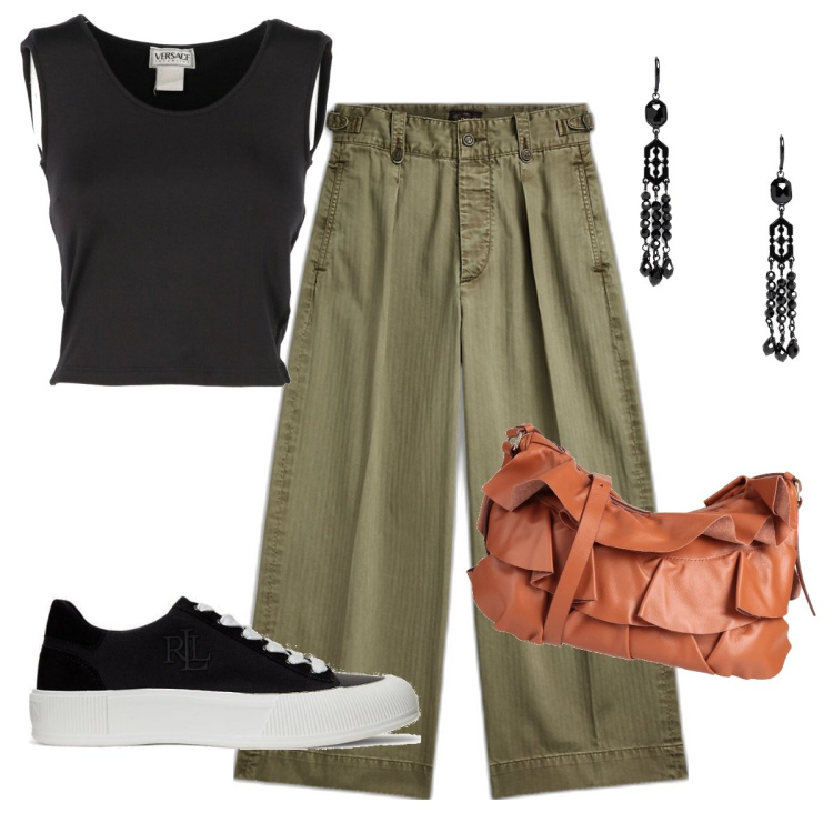 Outfit donna - Volterra. Stile Casual chic per Tutti i giorni. Abbinamento con borse a tracolla, top, pantaloni, sneakers, orecchini.