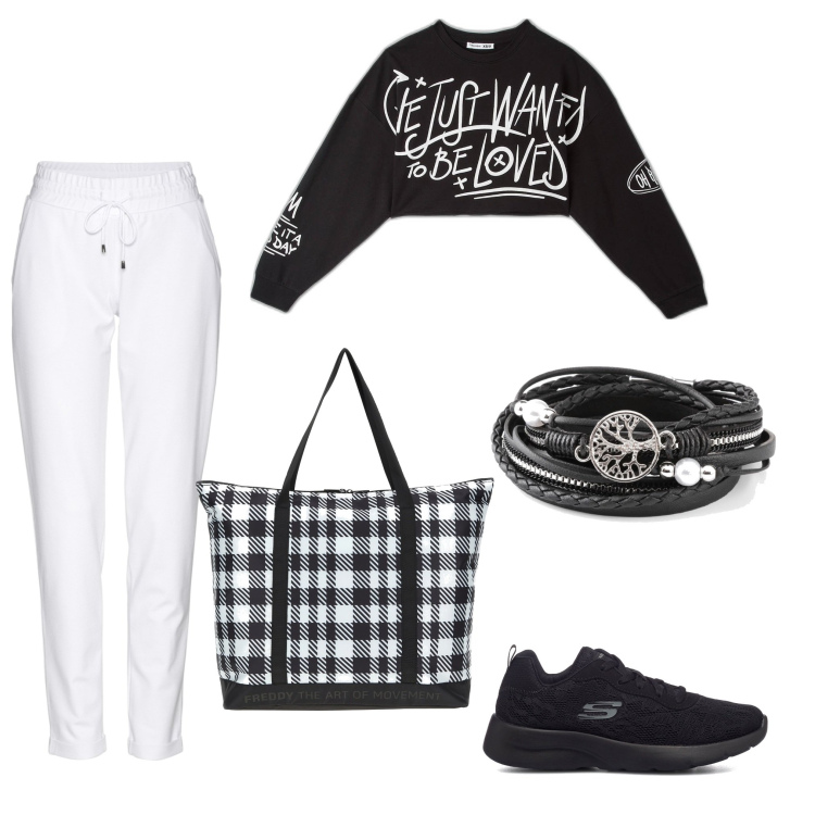 Outfit donna - Sportiva. Stile Sporty chic per Tutti i giorni. Abbinamento con pantaloni, braccialetti, t-shirt, borse tote, sneakers.