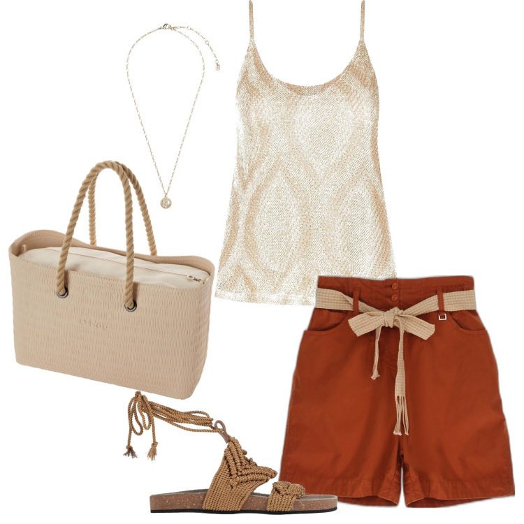 Outfit donna - Shorts Outfit. Stile Basic per Tutti i giorni. Abbinamento con sandali in pelle, bermuda, top, collane, borse a spalla.