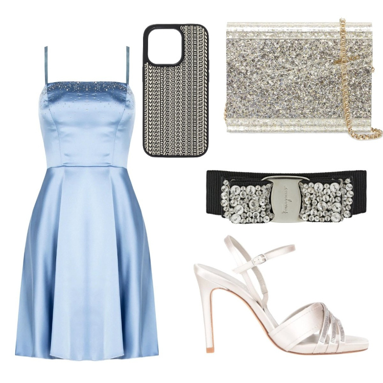 Outfit donna - Total look #1697168. Stile Casual chic per Cerimonia. Abbinamento con sandali col tacco, vestiti, accessori per capelli, pochette, cover telefono.