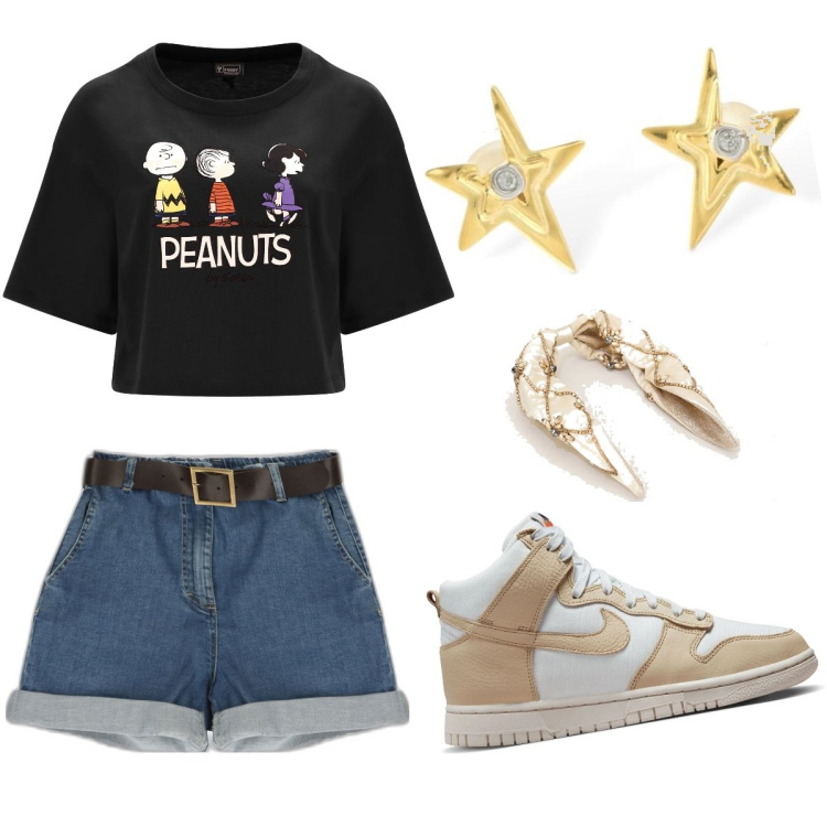 Outfit donna - Total look #1697169. Stile Casual per Tutti i giorni. Abbinamento con bermuda, t-shirt, cerchietti, orecchini, sneakers alte.