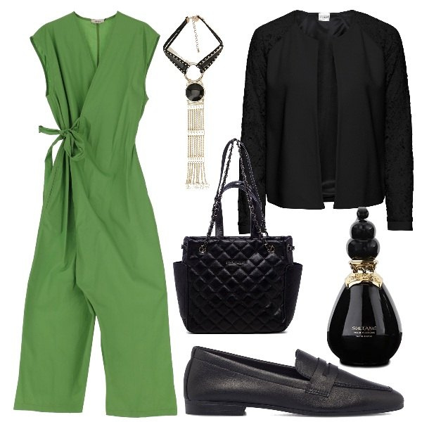 Outfit donna - Jumpsuit per l\'ufficio a settembre. Stile Bon Ton per Ufficio. Abbinamento con blazer, tute, ciondoli, borse a mano, mocassini, profumi.