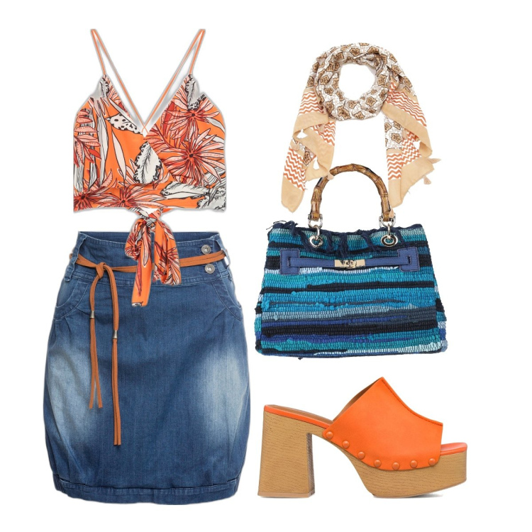 Outfit donna - Hippie fan. Stile 70s per Tutti i giorni. Abbinamento con minigonne, borse a mano, top, sciarpe, sandali in pelle.