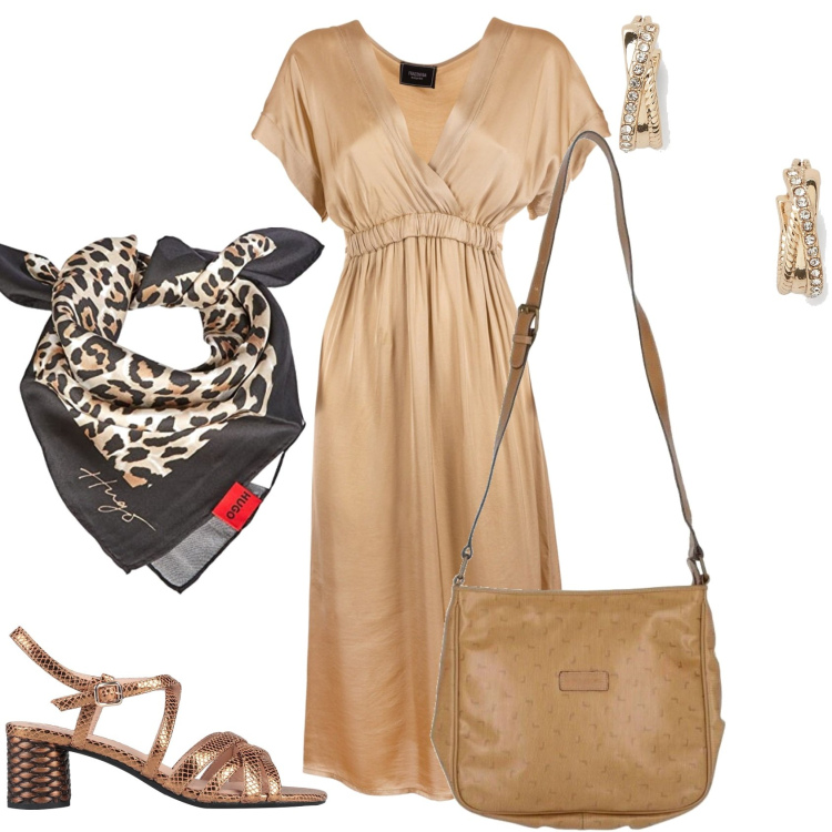 Outfit donna - Invitata di mattina. Stile Trendy per Tutti i giorni. Abbinamento con borse a tracolla, sandali in pelle, vestiti midi/longuette, orecchini, sciarpe.