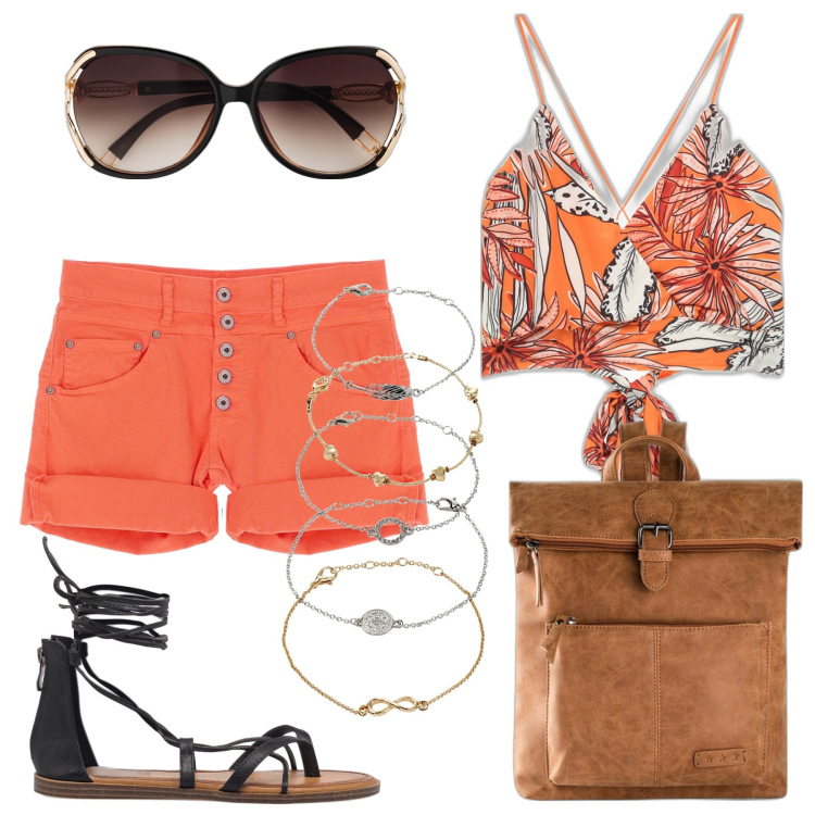 Outfit donna - Short trendy. Stile Trendy per Tutti i giorni. Abbinamento con zaini, braccialetti con ciondoli, occhiali da sole, shorts, top, sandali alla schiava.