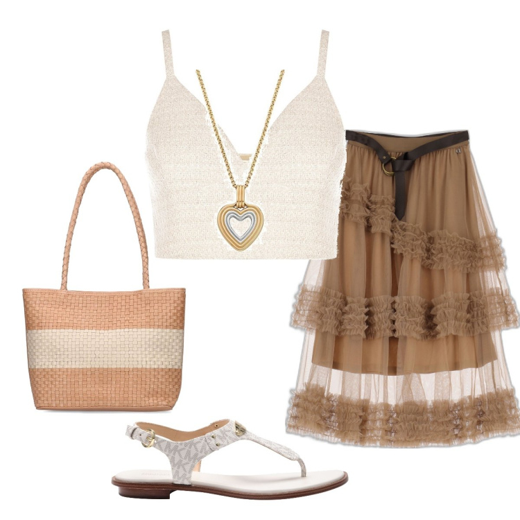 Outfit donna - La gonna a balze di tulle. Stile Romantica per Serata fuori. Abbinamento con infradito, top, gonne longuette, collane, shopping bag.